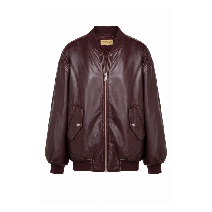 Bomber Montand de cuero burdeo, diseño Sandra Vukasovic Punta Arenas