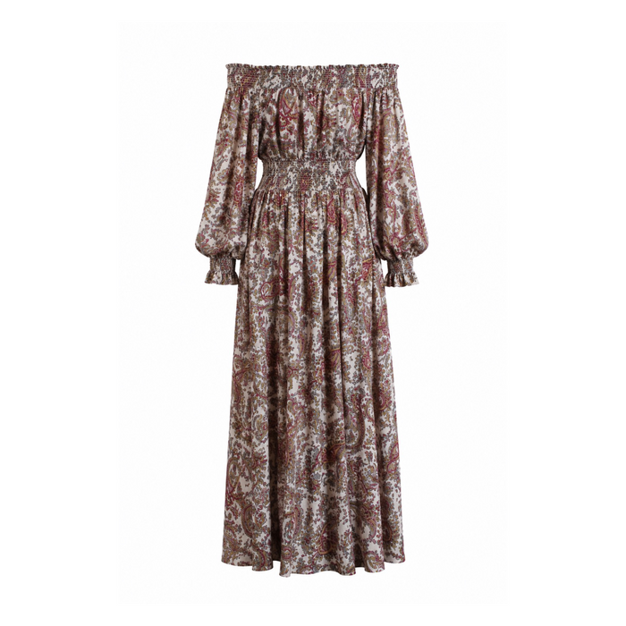 Vestido Boho Chic de gaza off-shoulder, diseño Sandra Vukasovic Punta Arenas