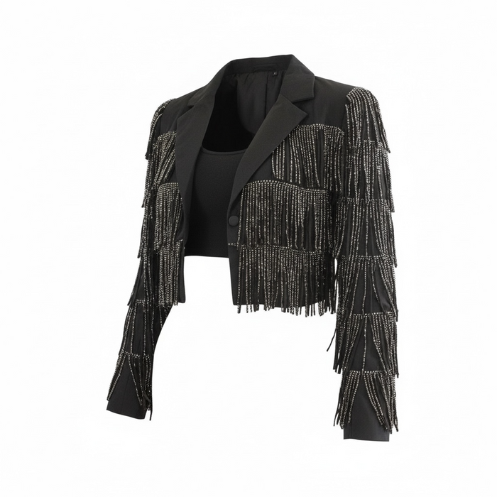 Chaqueta José Ignacio con hombreras y flecos, diseño Sandra Vukasovic Punta Arenas
