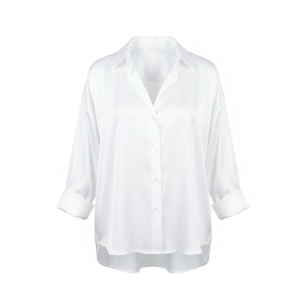 Camisa Lustre blanca satinada de Zara, boutique Sandra Vukasovic Punta Arenas