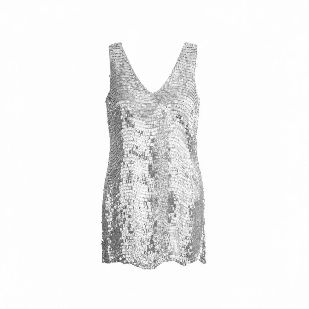 Vestido Electra plateado brillante, diseño Sandra Vukasovic Punta Arenas