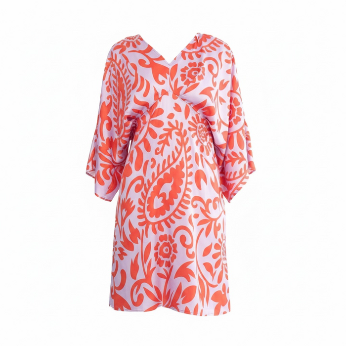 Vestido Vuelo rosa y naranjo, diseño Sandra Vukasovic Punta Arenas
