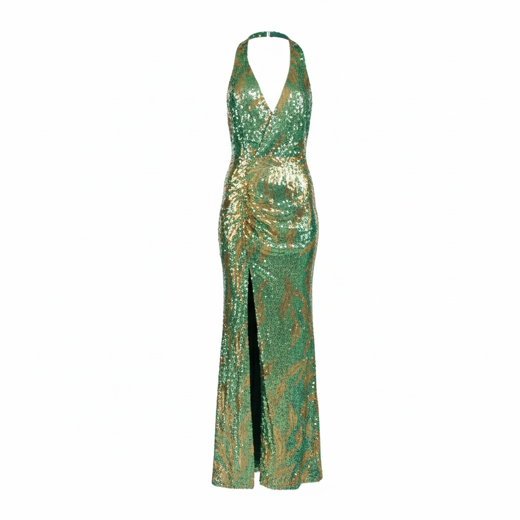 Vestido Fasano verde y dorado en lentejuelas, diseño Sandra Vukasovic Punta Arenas