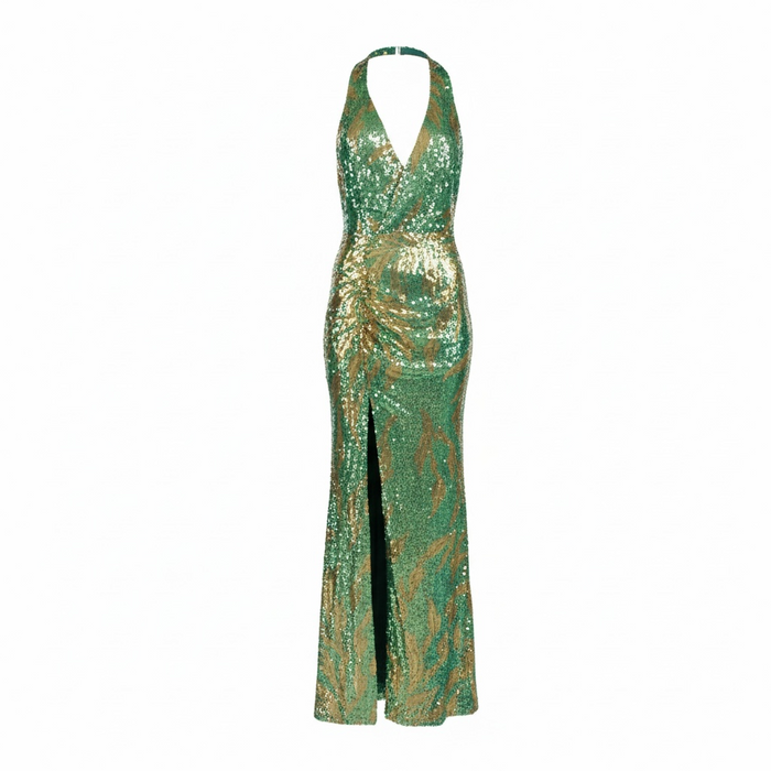 Vestido Fasano verde y dorado en lentejuelas, diseño Sandra Vukasovic Punta Arenas