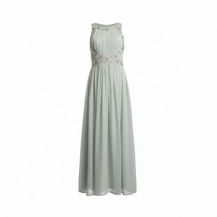 Vestido Menta verde claro con bordado, diseño Sandra Vukasovic Punta Arenas