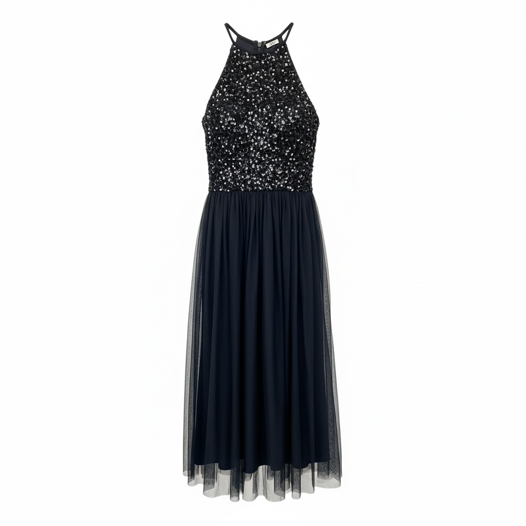 Vestido Wake halter azul con tul de Maya Deluxe, boutique Sandra Vukasovic