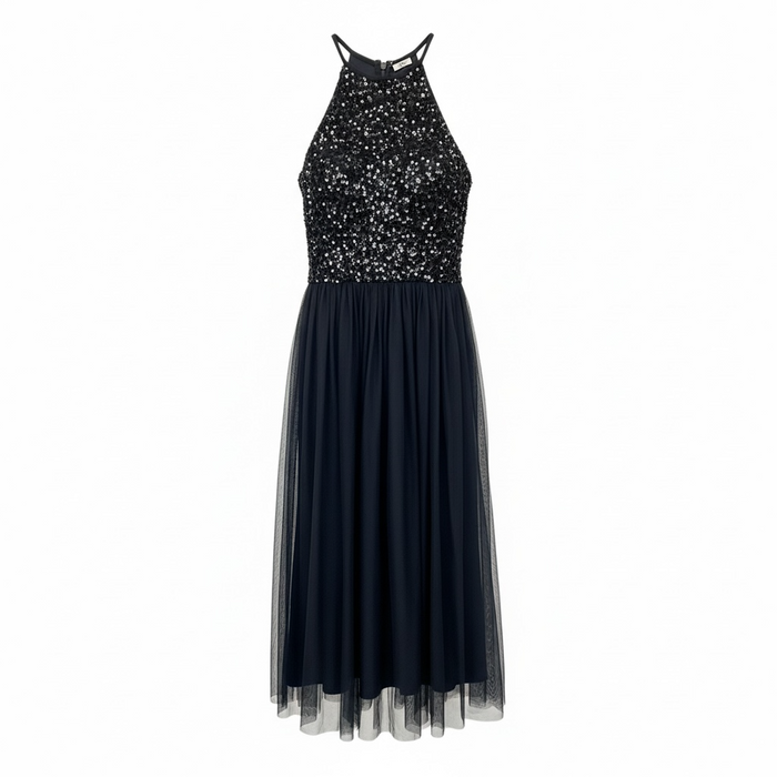 Vestido Wake halter azul con tul de Maya Deluxe, boutique Sandra Vukasovic