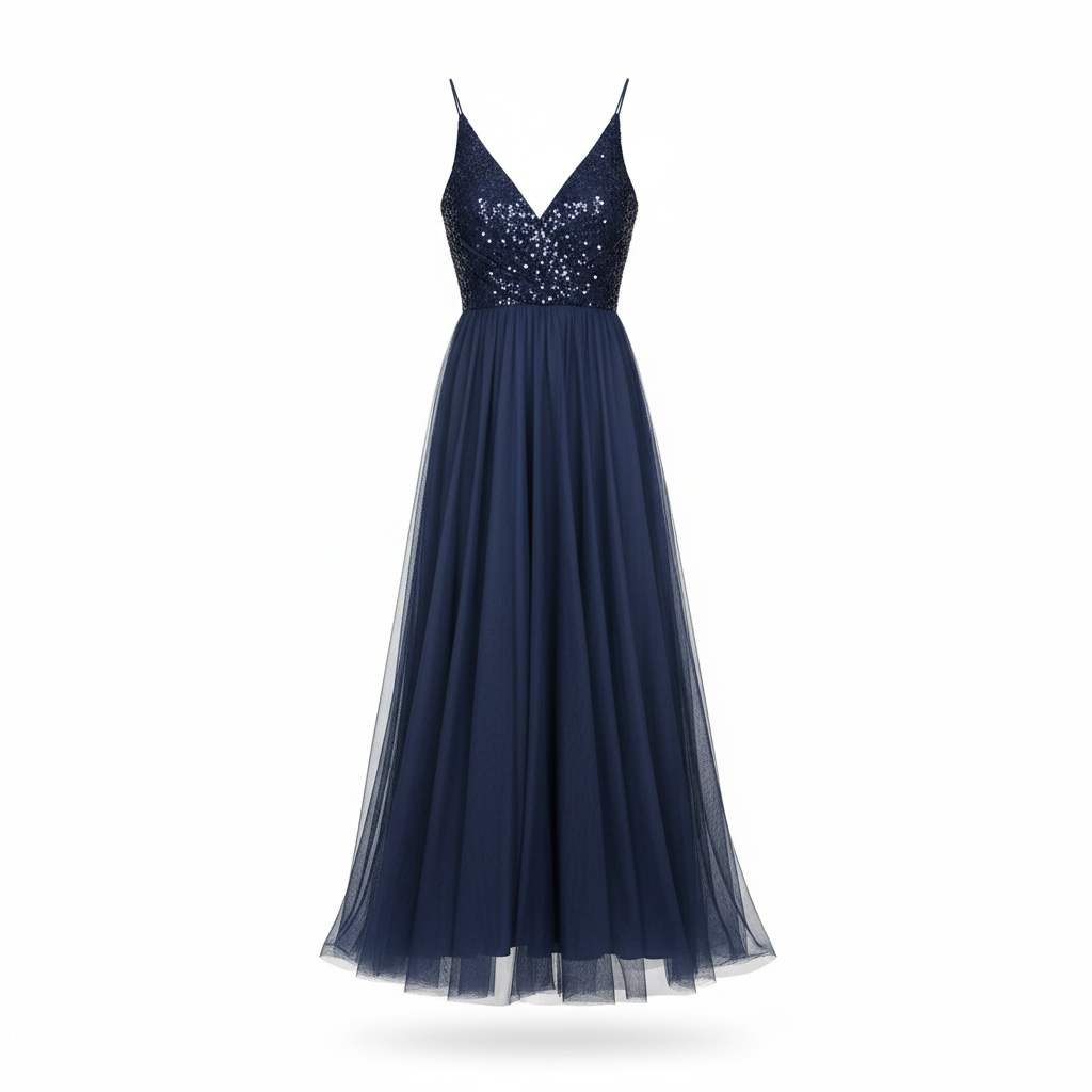 Vestido Océano azul con lentejuelas y tul, diseño Sandra Vukasovic Punta Arenas